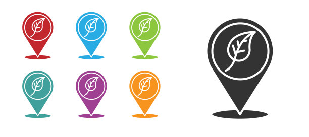 黑色位置，叶子图标孤立在白色背景上。生态能源的概念。替代能源的概念。设置图标丰富多彩。向量图片下载