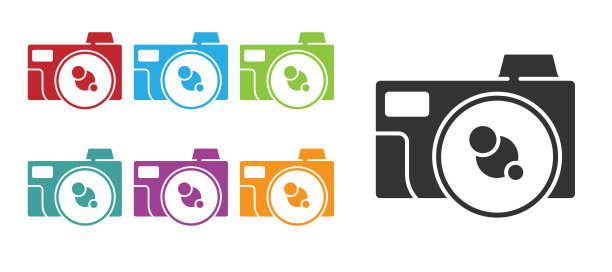 黑色照片相机图标孤立在白色背景。与相机图标。设置图标丰富多彩。向量图片下载