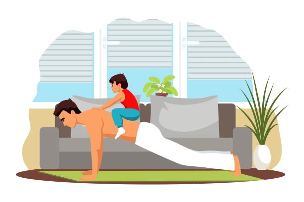 男人在家锻炼。健康体育锻炼室内病媒说明。年轻人在训练，背着孩子做俯卧撑，父亲带着孩子做体操图片下载