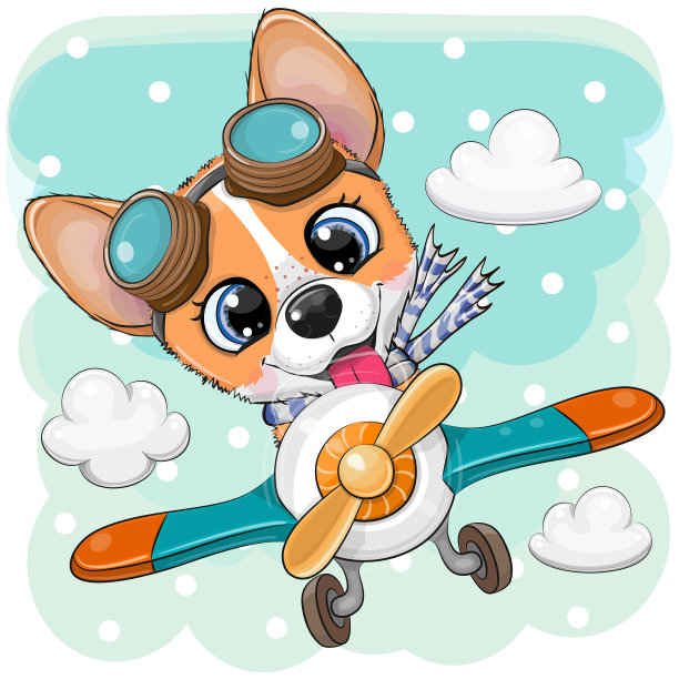 卡通柯基正在飞机上飞行图片下载