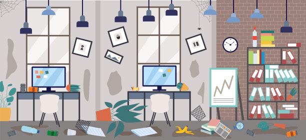 脏乱的办公室，杂乱的东西，平面的矢量插图。图片下载