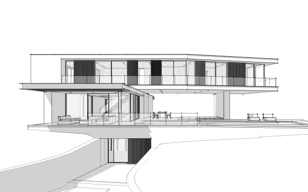 山上现代住宅的3d渲染，白色背景上有水池黑线图片下载