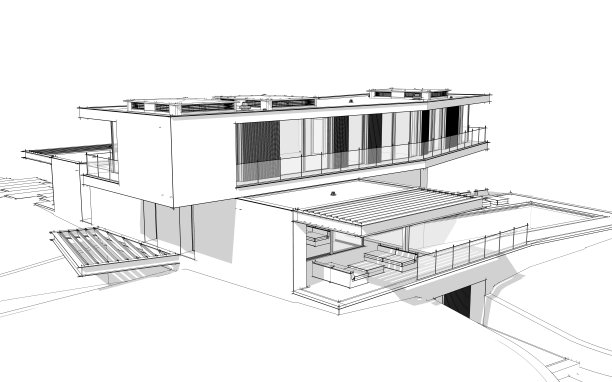山上现代住宅的3d渲染，白色背景上有水池黑线图片下载