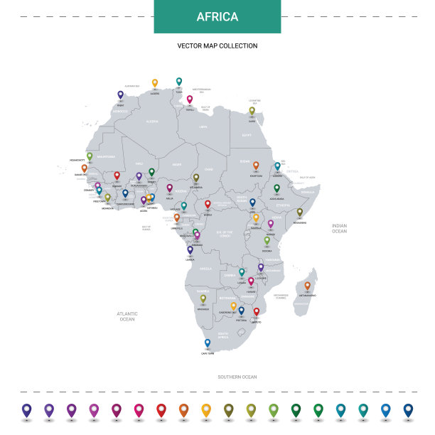 非洲地图与位置指针标记。信息图矢量模板，孤立在白色背景上。图片下载
