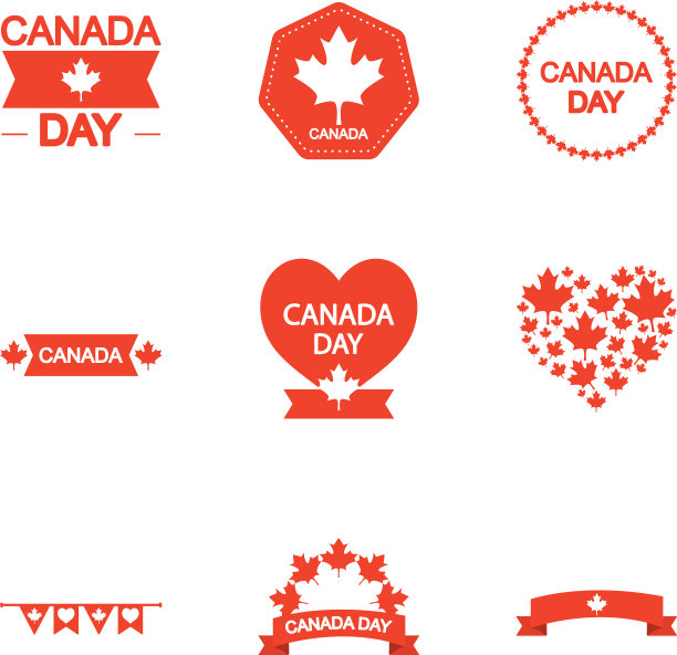 心形和加拿大日图标设置剪影风格图片下载
