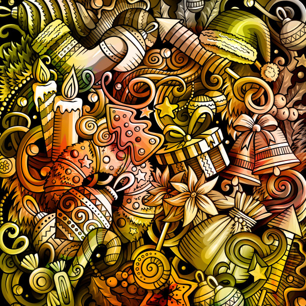 新年手绘涂鸦横幅。卡通详细的传单。图片下载