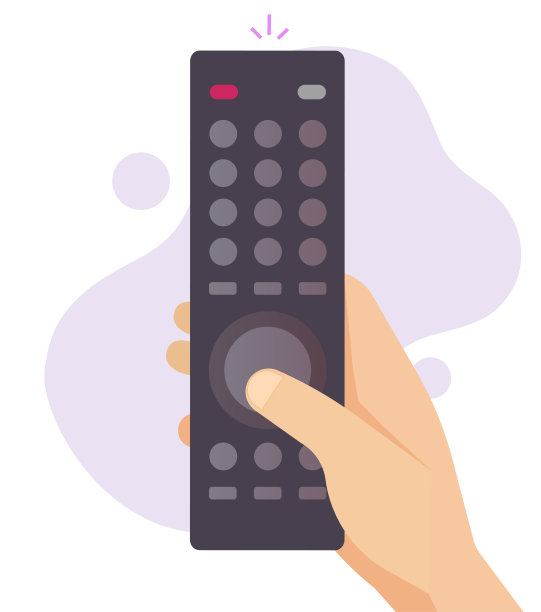 遥控器为电视矢量平面卡通真人手持频道按钮，电视技术在人的手臂和推手指图片下载