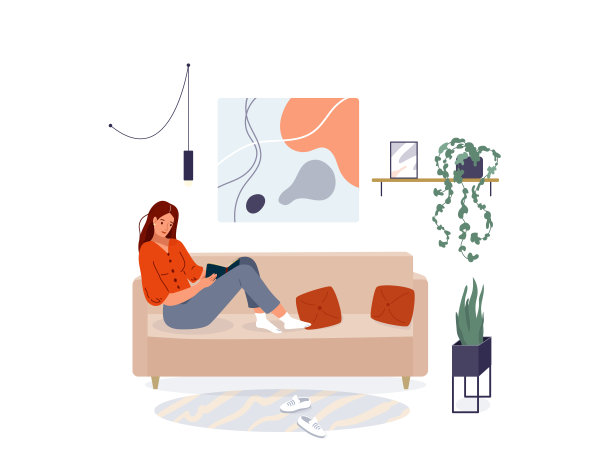 女人阅读的书矢量背景。放松的女孩坐在沙发上看书，孤立在白色的背景上。舒适的现代家居内部。家和舒适的概念图片下载