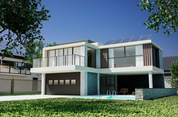 阳光明媚的现代住宅外观，有车库、游泳池和光伏图片下载