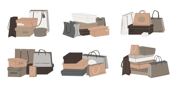 鞋盒子。礼品包装，礼品堆叠及购物纸袋。成堆的存储包和纸板容器广告模板向量隔离集图片下载