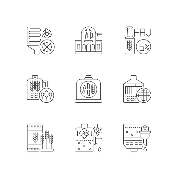 啤酒生产技术像素完美线性图标集图片下载
