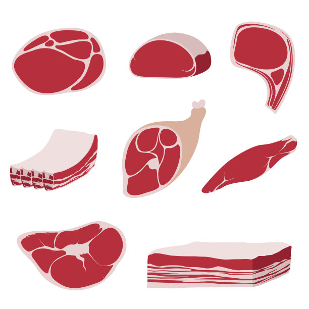 羊肉，猪肉，牛肉，以及其他肉类图片的扁平风格。牛排，生猪肉。图片下载