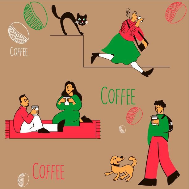 男人和女人手里拿着咖啡杯，走在城市的街道上，在公园里放松，矢量涂鸦插图，素描，平面图片下载