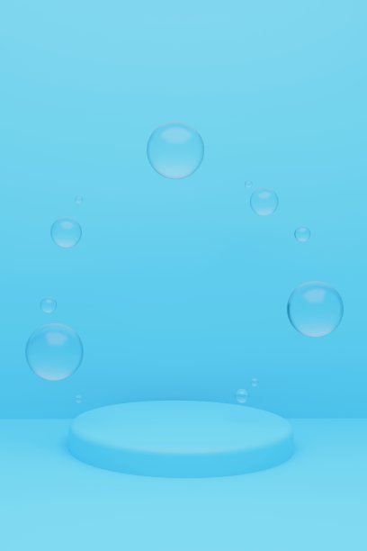 圆柱形几何讲台模型在浅蓝色背景与圆形玻璃球在空气。为化妆品或产品做广告的极简潮流风格。3d渲染插图。图片下载