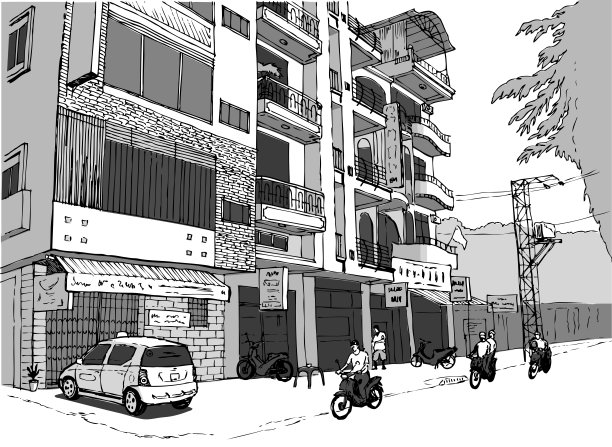 越南的小购物街，人们骑着摩托车，灰色的配色图片下载