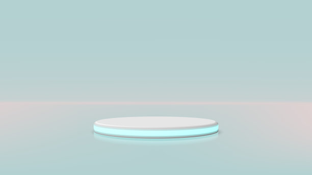 三维向量。霓虹照明下的明亮房间中几何形状的抽象构图。你的模型的讲台。图片下载