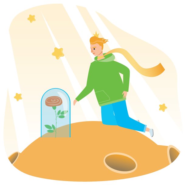 一顶帽子下的玫瑰和一个男孩作为爱的概念，浪漫，关系，平面矢量股票插图与现代小王子和狐狸图片下载