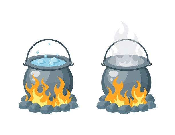 篝火上的露营盆。在大锅里烧开水或汤。简单的矢量插图在平面风格孤立在白色背景。图片下载