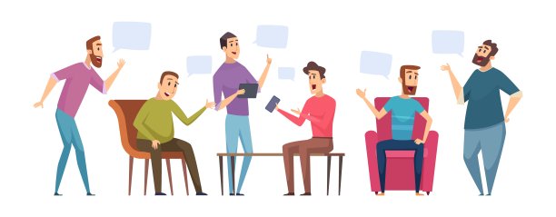 男性讨论。男人在交谈，人们在对话。男人俱乐部对话矢量图图片下载