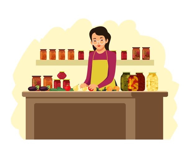 妇女在家里用罐子和罐头准备食物。女孩在厨房里用水果做果酱，把蔬菜放进罐头里。自制的夏季产品存储矢量插图图片下载