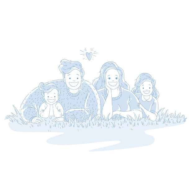 幸福的一家人躺在草地上。父母花时间陪孩子。手绘风格，单色矢量插图。图片下载