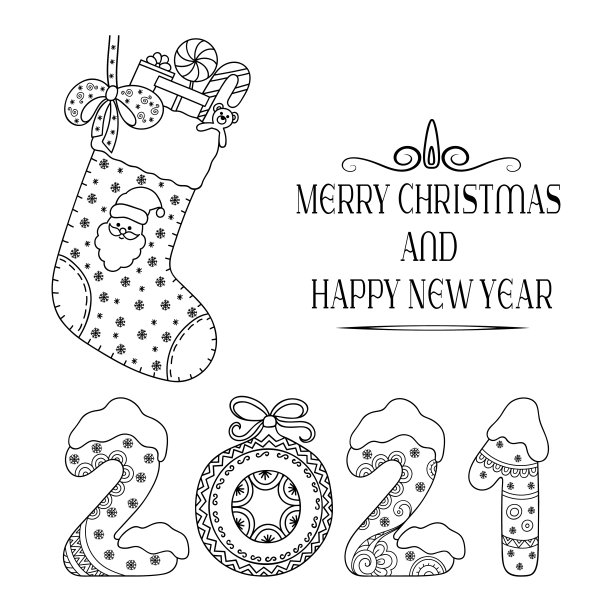 装饰节日字母-文字问候圣诞快乐和新年快乐，2021年。节日装饰形式有圣诞老人长袜、玩具、礼物、糖果、雪花、蝴蝶结。图片下载