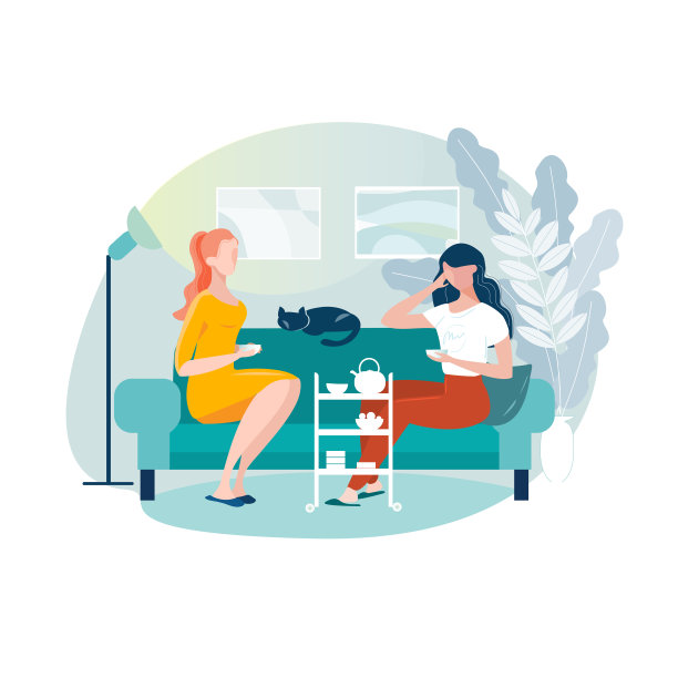 两个女孩坐在沙发上喝茶聊天图片下载