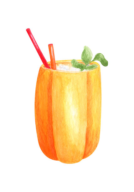 水彩秋天鸡尾酒。手画的季节性饮料在南瓜罐与调酒棒。秋季聚会饮料插图孤立在白色背景菜单，感恩节，万圣节，婚礼。图片下载