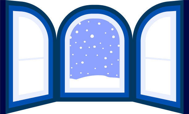 蓝色开着的窗框上飘着雪花图片下载