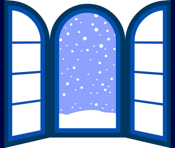 蓝色开着的窗框上飘着雪花图片下载