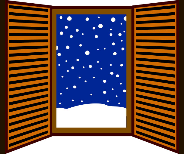 蓝色开着的窗框上飘着雪花图片下载