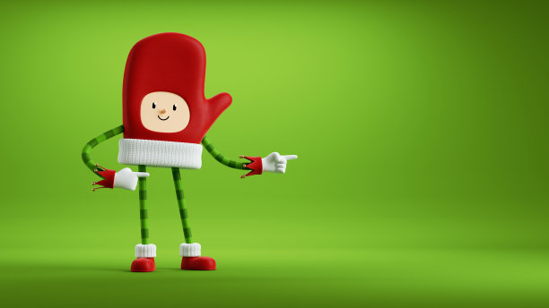 3 d渲染。圣诞玩具，喜庆精灵指示正确方向。红色的手套吉祥物有脸、手和腿。可爱的小圣诞老人助手剪辑艺术孤立在绿色背景图片下载