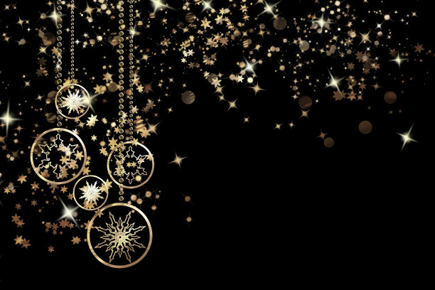 圣诞节的旗帜。圣诞的背景设计闪闪发光的灯花环，雪花和金色的五彩纸屑在黑色的背景。圣诞海报，贺卡，标题，网站。3 d渲染。图片下载