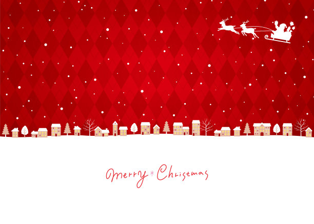 圣诞小镇插图背景和圣诞老人的雪橇剪影图片下载