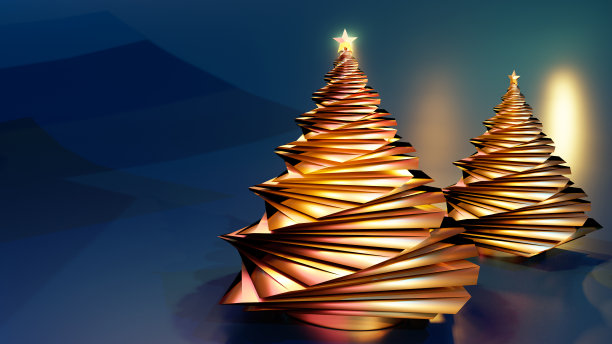 抽象的金色圣诞树映衬着深蓝色的背景图片下载