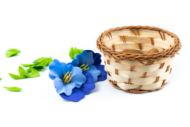 柳条篮子和植物组成蓝色的花，花瓣，在白色孤立的背景上图片下载