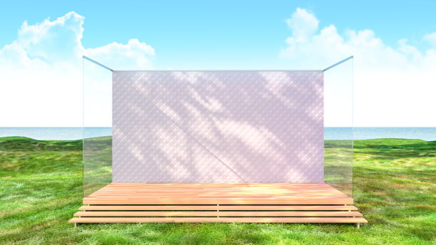 空旷的舞台背景平台，绿色草地，海景背景，3d渲染图片下载