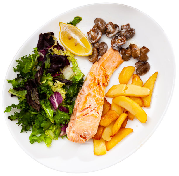 炸三文鱼配炸土豆和蘑菇，没人图片下载