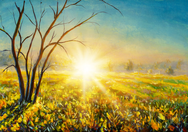 暖暖的第一缕晨光洒满田野，树木无叶近景艺术手绘丙烯画背景图片下载
