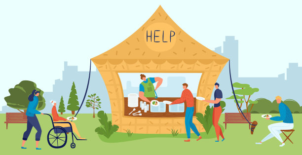 志愿者帮助老年人和残疾人提供食物图片下载