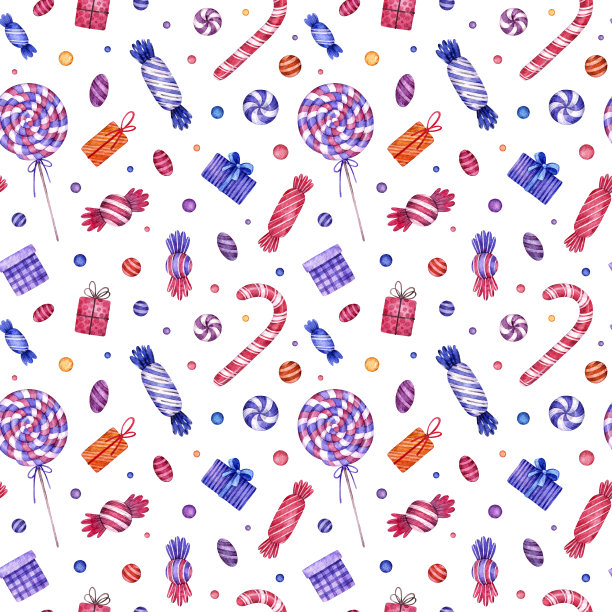 水彩圣诞无缝图案与糖果、棒棒糖和礼物。手绘纹理上的白色背景。图片下载
