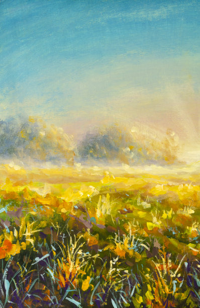 原始油画的雾晨曦日出日落在草地上的画布。现代印象派。厚涂的颜料的艺术品图片下载