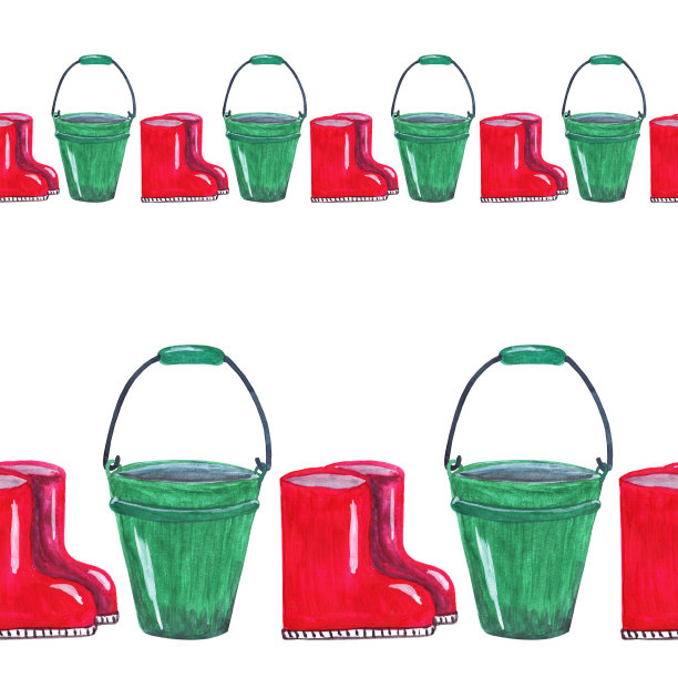 无缝的边界。红色胶靴，绿色水桶和喷壶。蓝色的花。完美的日记，书页，有机，生态，家纺设计，贺卡，花园商店，包装纸和标签装饰。图片下载