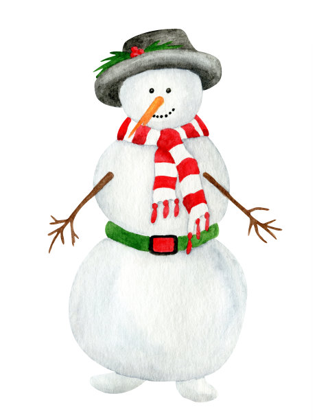 水彩雪人。手绘复古圣诞插图雪人在黑色的帽子和围巾孤立在白色的背景。冬季象征为贺年卡、印刷、明信片、装饰。图片下载