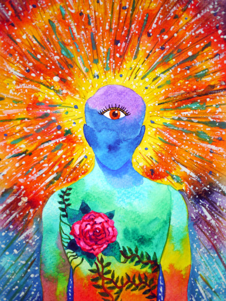 脉轮心灵灵性人类瑜伽第三眼头心理健康水彩画插图设计手绘图片下载