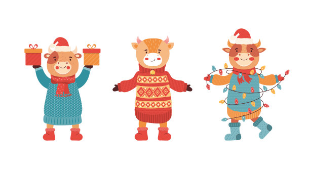 一套卡通有趣的婴儿公牛在新年派对。2021年新年吉祥物。可爱的动物人物在冬天的衣服与礼物和糖果。牛，水牛，小牛，公牛。圣诞插图快乐图片下载