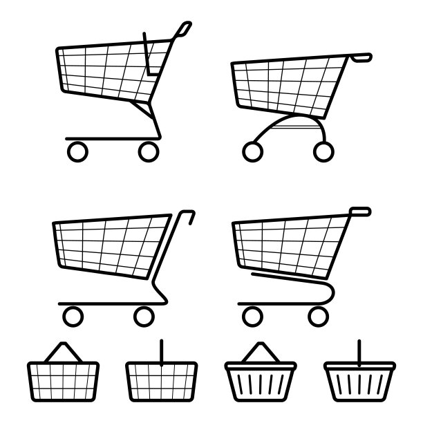 简单的平面黑白购物车和购物篮图标。销售、零售的概念。向量图片下载