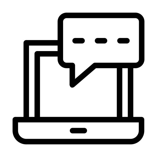 笔记本电脑与语音气泡图标在线条风格。聊天的迹象。在线交流，消息图标。图片下载