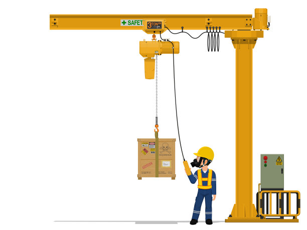 一个工人正在用悬臂起重机起吊危险物品。图片下载