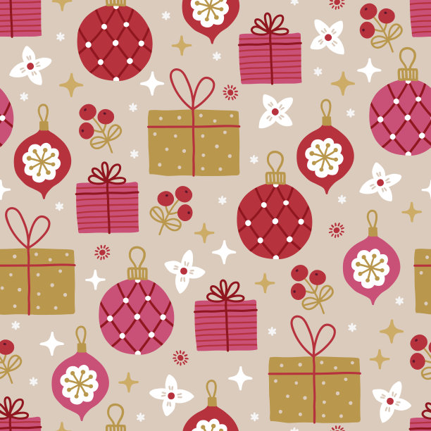 圣诞无缝图案有球、小玩意、花、星星、浆果、雪图片下载